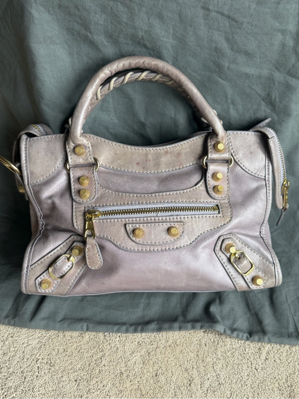 Lavender grey gold stud classic city leather bag
